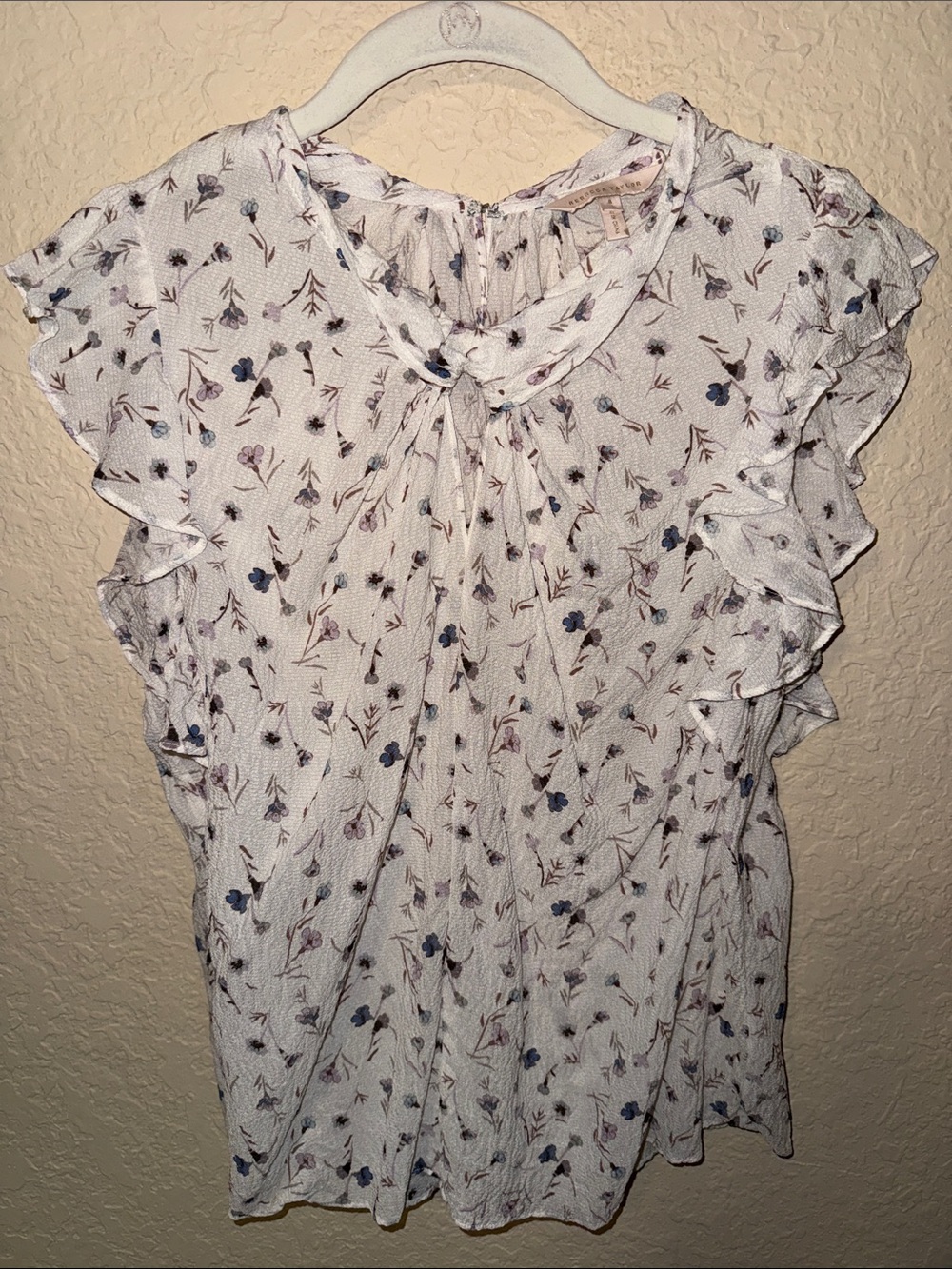 Rebecca Taylor White Floral Tie-Neck Ruffle Sleeve Blouse